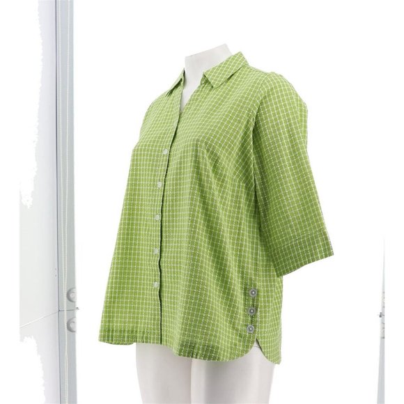 NWT JOAN RIVERS TEXTURED BUTTON FRONT SHIRT W/SIDE BUTTONS LIME GREEN XXS - Picture 2 of 11